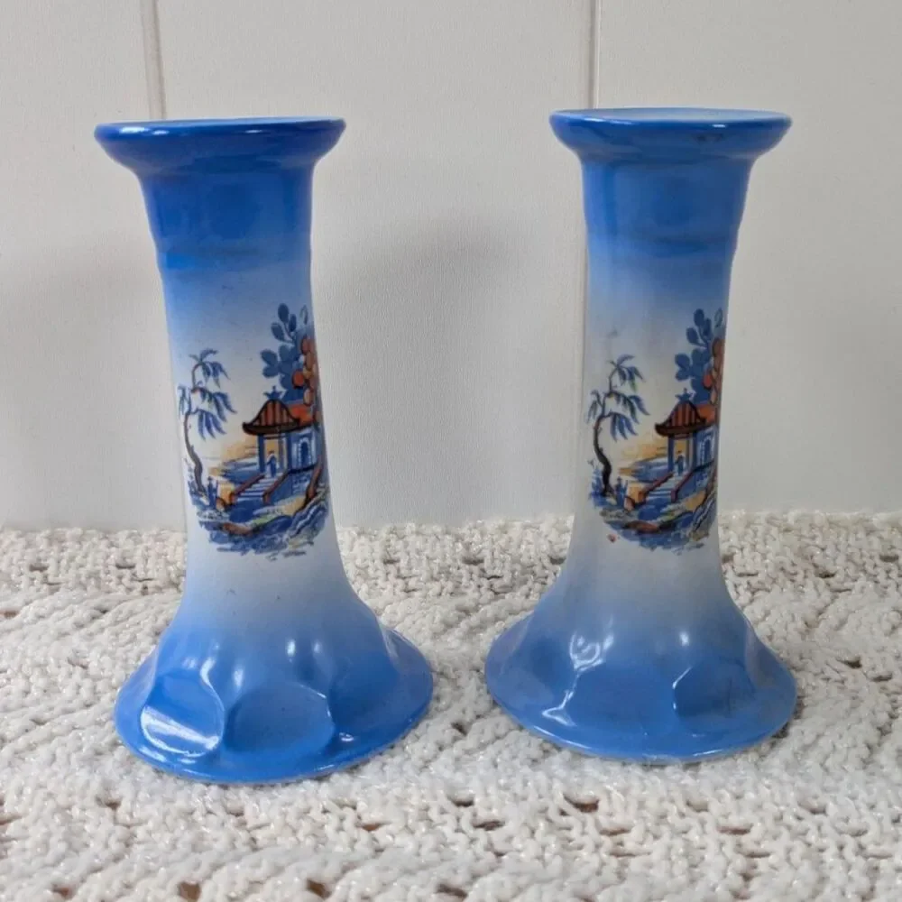2 Pcs Porcelain Candlestick Holders - Blue with Japanese Garden Scene